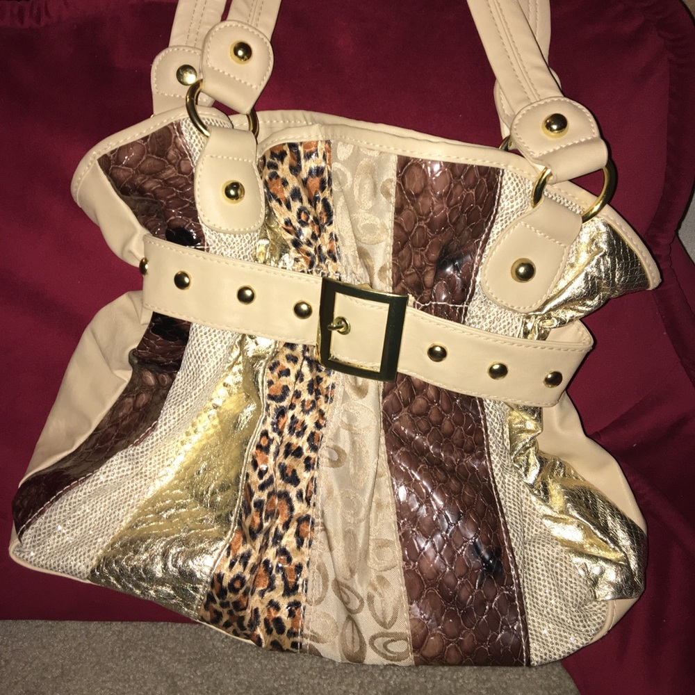 Chateau Handbag, gold and tan patterns, buckle